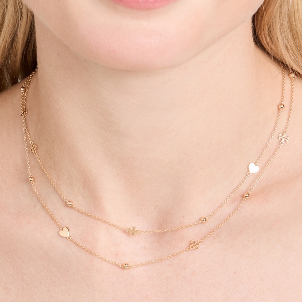 Tory Burch Kira Layered Necklace Gold 18k Plated Logo Heart Charms NEW - Picture 6 of 6